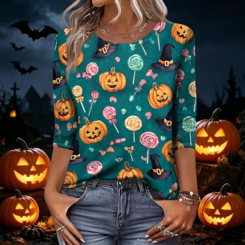 Image of Women Spooky Halloween Graphic Shirt 3 /4 Length Sleeve Crewneck Top | Halloween Funny Printed Pumpkin Plus Size Tshirts 2026 Fall Outfits Skeleton Tee Going Out Tops