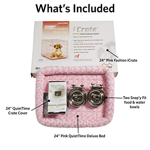 MidWest Homes for Pets Newly Enhanced Single Door iCrate 58.4cm (22-Inch) Long Dog Crate Kit, Includes Dog Crate, Pet Bed, 2 Bowls & Crate Cover, Divider Panel, Patented Features, Pink, 1522DD-KIT - Image 3