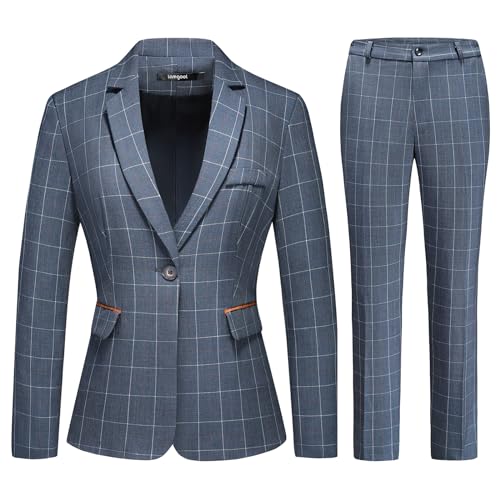 Lamgool Women's 2 Piece Plaid Suit Lady's Business One Button Lined Blazer Jacket Pant Set (Blue, Medium)
