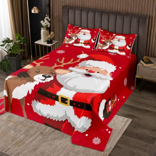 Cartoon Santa Claus Quilt Set Cute Elk Deer Kids Twin Bedspread Set,Xmas Snowflake Coverlet Set Kawaii Woodland Animals Reindeer Quilted,Red Christmas Decorations