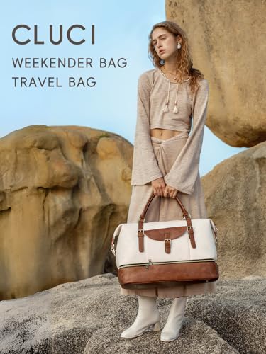 CLUCI Weekender Bag for Women Leather Large Overnight Travel Duffel Bag with Shoe Compartment Beige with Brown2