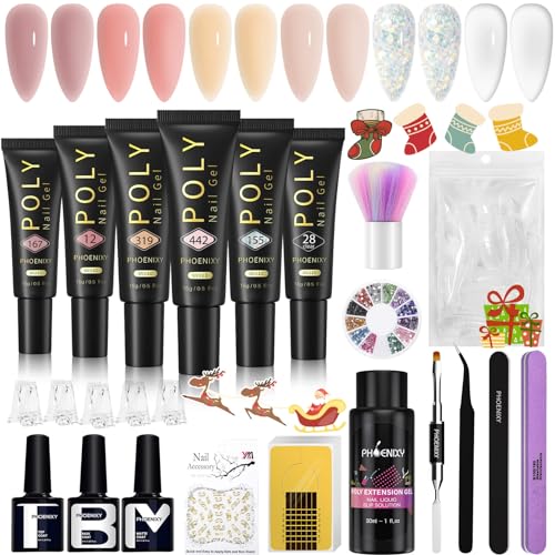 phoenixy Kit Gel de Extensión de Uñas, Phoenixy 6 Colores 15ml Kit Uñas de Gel con 30ml Solución Deslizante, Kit Poly Uñas Gel con Uñas de Gel Pegatinas para Amante de la Decoración de Uñas