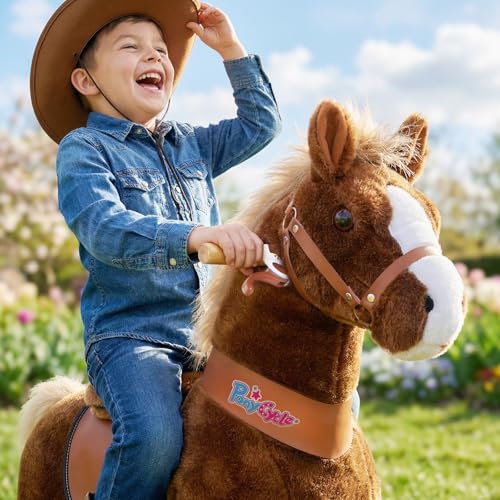 Image of PonyCycle Official Classic U Series Ride on Horse Toy Plush Walking Animal Brown Horse Size 4 for Age 4-8 Ux424