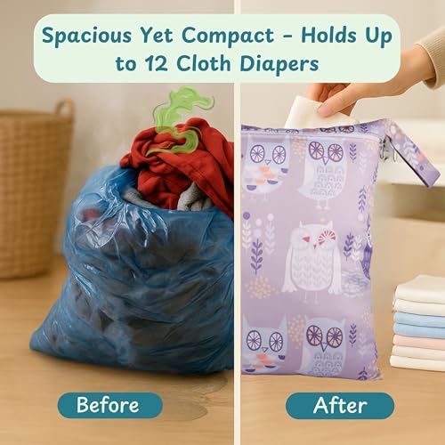 Image of Chic Buddy Waterproof Wet Bag, Washable, Reusable for Travel, Beach, Pool, Stroller, Diapers, Dirty Gym Clothes, Wet Swimsuits, Toiletries (ELF OWL, Wet Bag)