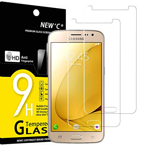 NEW'C 2 Unidades, Protector de Pantalla para Samsung Galaxy J2 2015 (SM-J200), Antiarañazos, Antihuellas, Sin Burbujas, Dureza 9H, 0.33 mm Ultra Transparente, Vidrio Templado Ultra Resistente