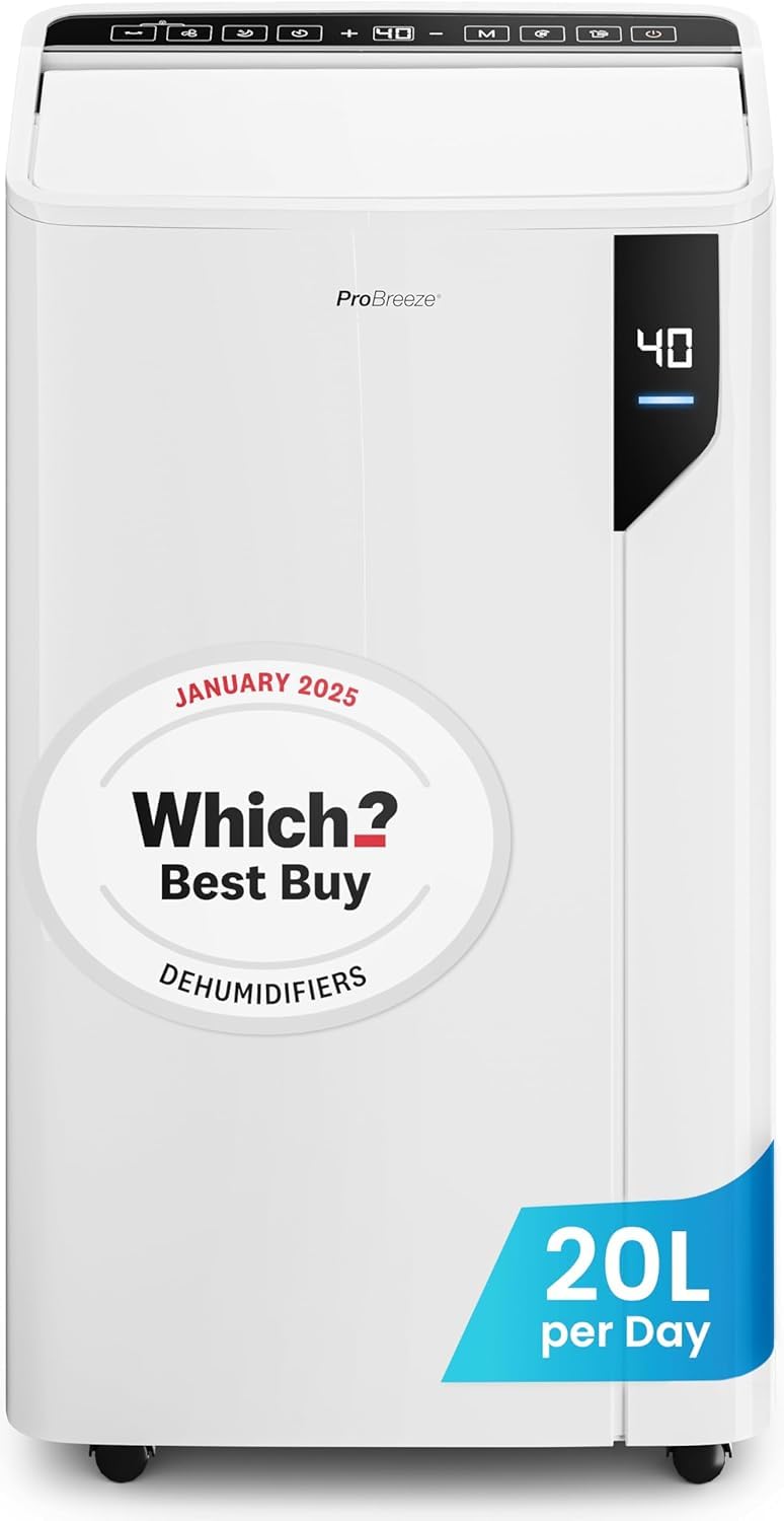 Pro Breeze® 20L/Day Compressor Dehumidifier - Energy Efficient with Laundry Mode, Humidity Sensor & Indicator, Carbon Air Filter for Mould, Damp & Moisture - for Home, Office & Bedroom