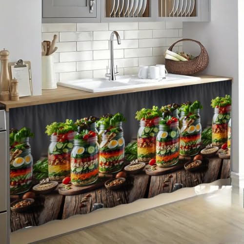 Image of Premium Printed Kitchen Sink Curtain | Washable & Dustproof Rod Pocket Counter Skirt | Perfect for Any Sink | Multicolor Cooking Theme Decor for Home & Kitchen(150cm X 70cm) (Jaar)