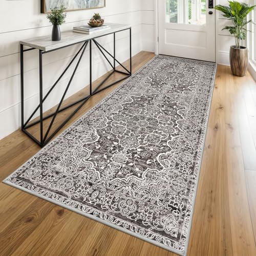 KUTA Vintage Washable Kitchen Runner 3x8, Non Skid Washable 8 ft Runners, Printed Distressed Floral Ultra Soft Carpet for Bedroom Living Room Tan Grey