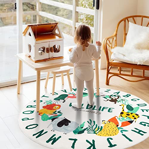 Ltkougfam Round Kids Abc Rug,4Ft Soft Alphabet Nursery Rug For Kids Room Playroom,Non-Slip Cute Animals Playroom Rug,Washable Educational Area Rug For Kids Room Nursery Bedroom Living Room Classroom #TOP4