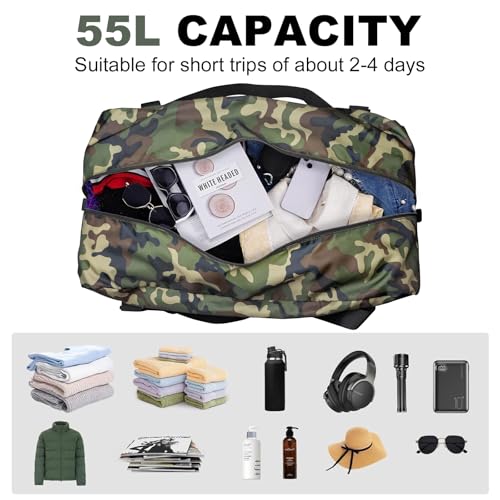 Image of HOLYLUCK Foldable Travel Duffel Bag For Women & Men Luggage Great for Gym -55L, Green Camo