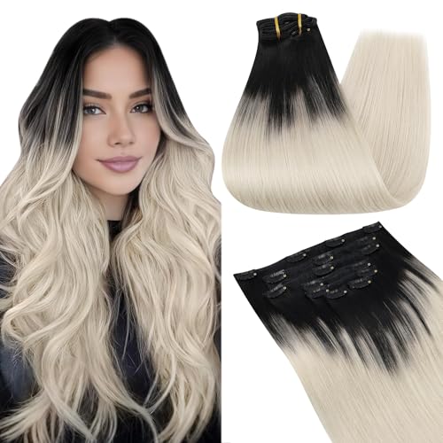 Extension a clip cheveux naturel humain haut de gamme lisse ombré noir et blond platine