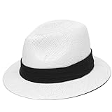 Summer Straw Panama Fedora Sun Hat UV Protection Beach Cuban Trilby Hats for Men and Women (White,L)