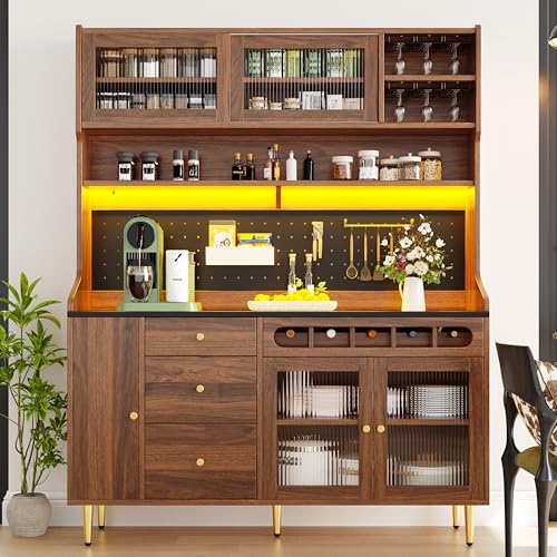 Raeln aparador Nogal 145cm alacena despensa Puertas correderas Cristal Panel Perforado Metal Patas armarios Cocina cajones Bases Muebles auxiliares Comedor Salon pasillos