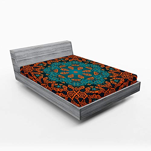 Ambesonne Psychedelic 2 Pack Fitted Sheet, Floral Boho Hippie, Bed Cover All-Round Elastic Deep Pockets 2 Pieces, Package Contains 2 Full Size Fitted Sheets, Orange Teal