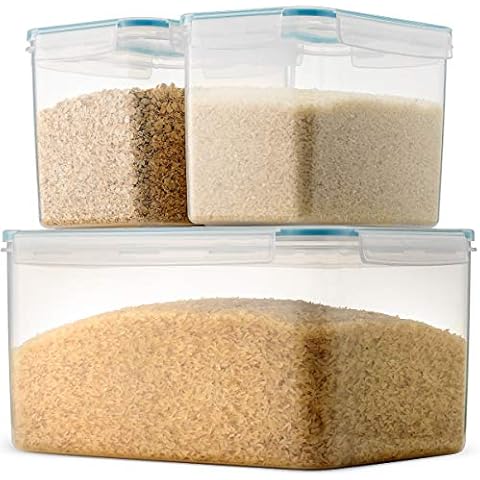 Komax Biokips Extra Large Rice Container – Airtight Food Storage Containers for Rice, Baking Supplies, or Dry Food – 48.6 Cups Rice Dispenser w/Handle + 2 Nestable 15.2 Cups Food Containers (3-Pack) Cover