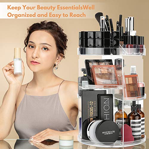 LINFIDITE 360 Rotating Makeup Organizer Cosmetic Storage Spining Makeup Holder Box Display Stand Adjustable Tray for Vanity Bathroom Bedroom Closet Large Acrylic Clear