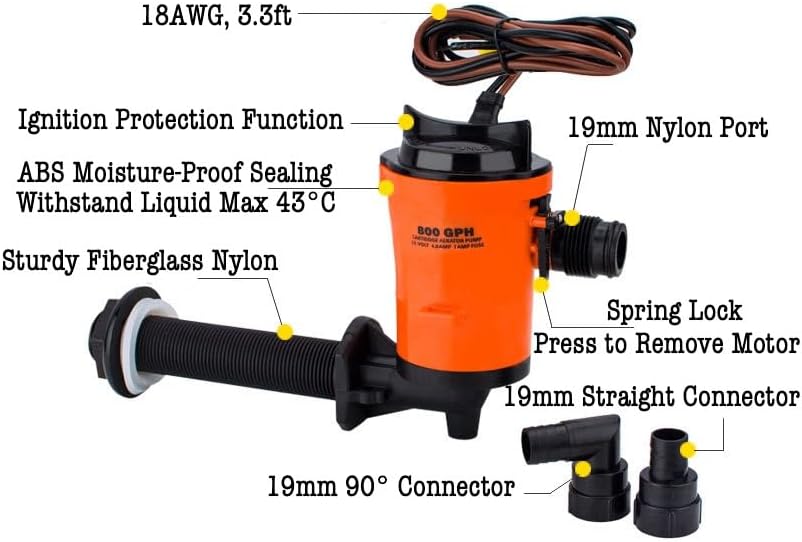 Miniatura 3 de Bomba Livewell de 12V 800 GPH - Aireador de cebo vivo, circulador de cebo para barco