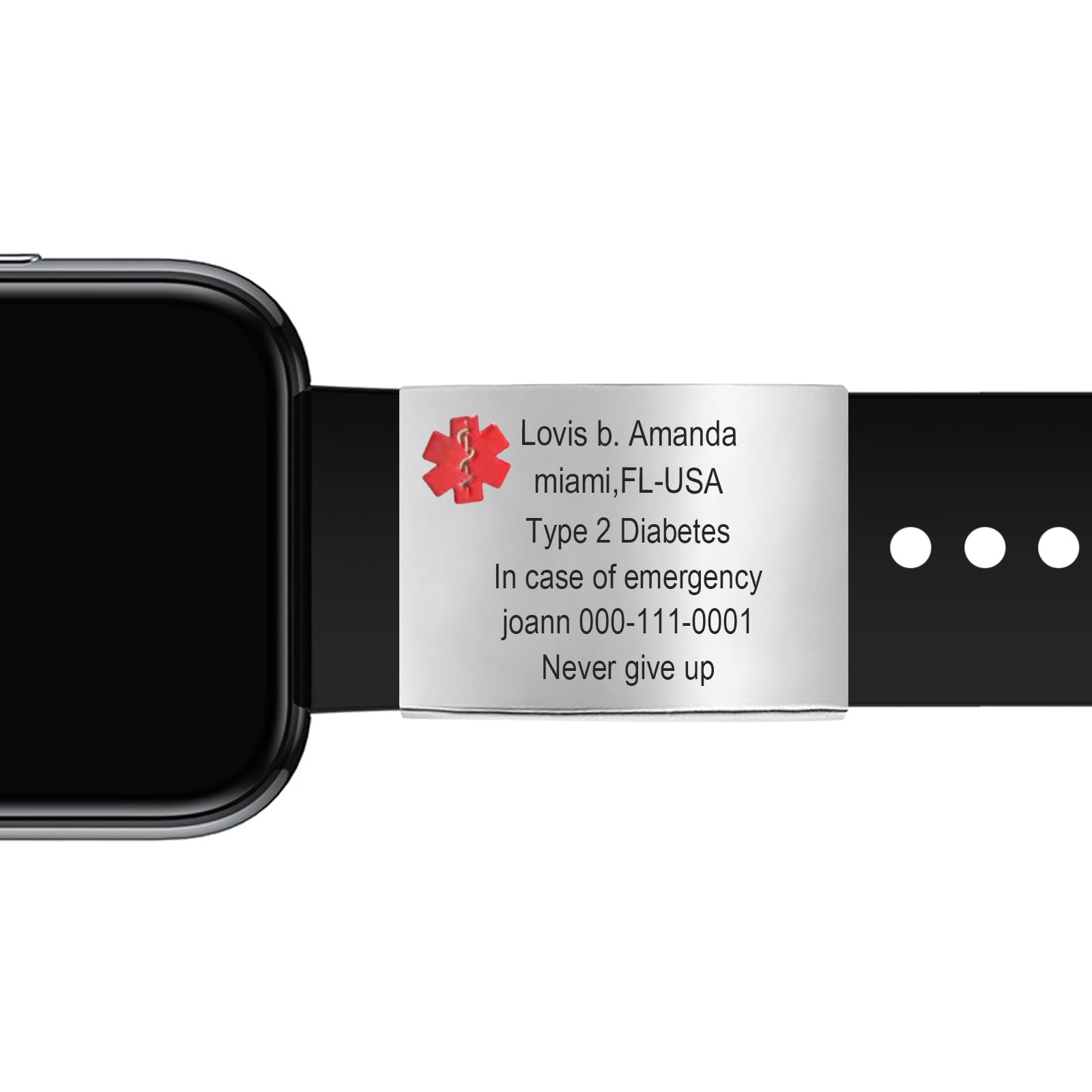 AITENME Medical Alert ID Tag for Watch Band Laser Engraved Tags for Sport Smartwatch Strap Stainless Steel Personalized Custom Wristband Medical Label Silver