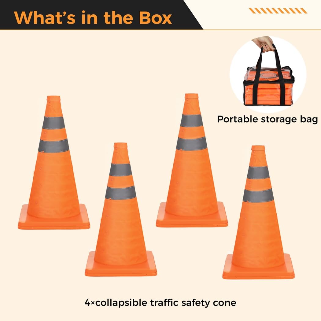 Lot de 4 cônes de signalisation Pliables de 18 Pouces, cônes Orange Multifonctions à déploiement Rapide avec Bandes réfléchissantes et Base Stable, pour Route, Parking et Exercices de Conduite