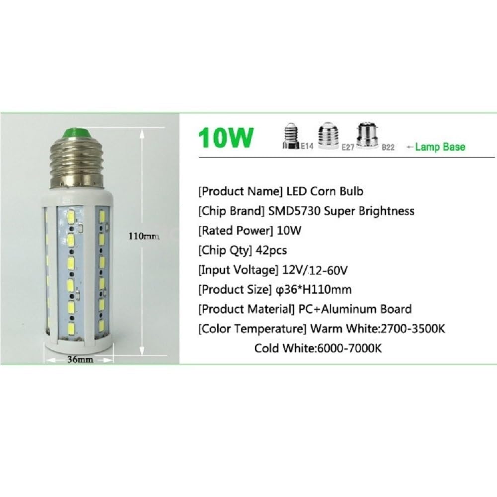 RZL Iluminación, Paquete de 20 bombillas LED tipo maíz, DC12 V, E27, 7 W, 10 W, 15 W, 18 W, 25 W, 5730 SMD, ángulo de haz de 360 ​​grados, for jardín y garaje(E27 base Warm White,12v 10w)