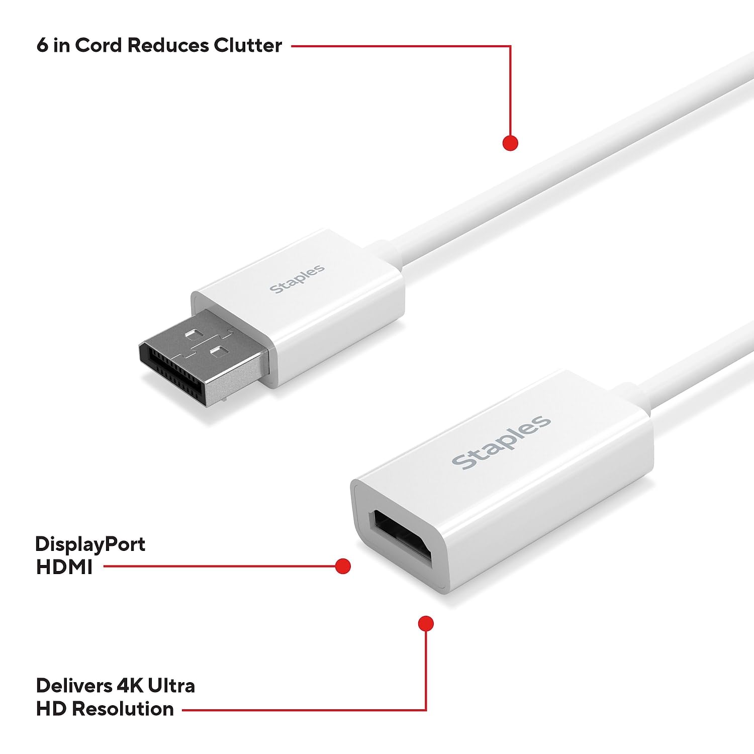 Staples Tech Adaptateur Audio/vidéo DisplayPort vers HDMI, mâle vers Femelle, Blanc (ST62362)