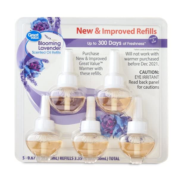 Great Value Blooming Lavender Scented Oil Air Freshener Refill - 5 Count, 0.67 Ounce Each, Long Lasting, Adjustable Intensity, Essential Oils Blend