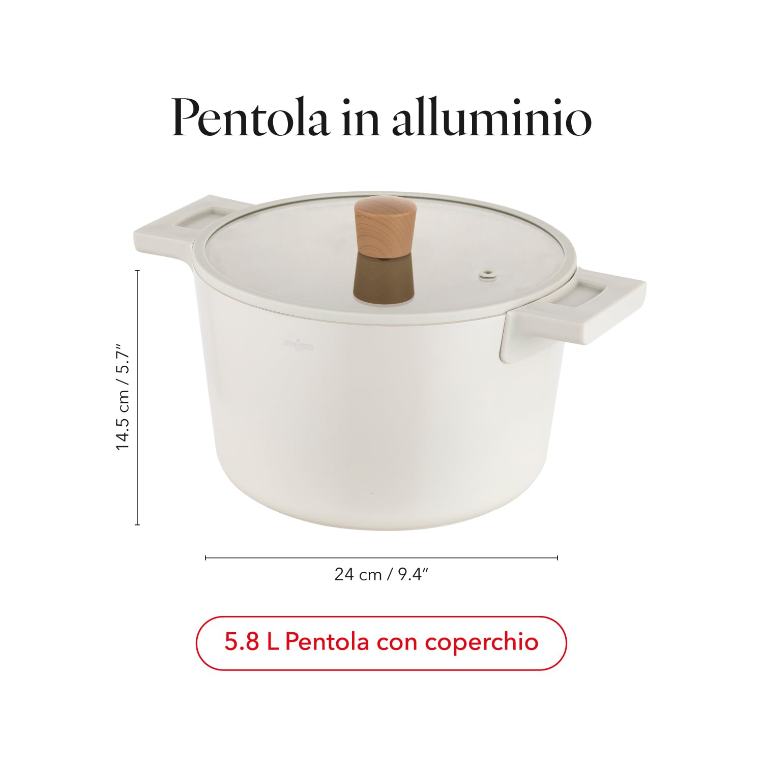 FLORINA Casseruola in alluminio Nube | 24 cm | 5,8 l | Adatta all'induzione | Rivestimento ceramico antigraffio | Manico soft-touch con effetto legno | Coperchio in vetro resistente al calore