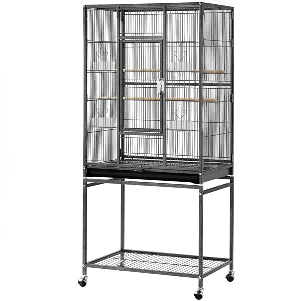 Gabbia per Uccelli Pappagalli Ruote Piedistallo in Metallo Nera Alta 136 cm