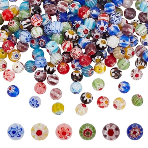 HOBBIESAY Ca.200 Stück Blumenglas Rundperlen 6mm Millefiori Lampwork Glasperlen Bunte Blumen Loseperlen Blumen Glasperlen Zur Schmuckherstellung Loch: 1mm