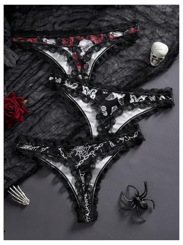 SOLY HUX Women's Gothic Lace Trim Thongs 3 Packs Funny Printed Panties Sexy Underwear2