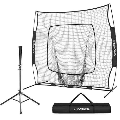 VIVOHOME Baseball Softball Batting Net - 7x7 Ft Baseball Backstop Softball Practice Net for Hitting Pitching Throwing with Batting Tee and Carry Bag Black