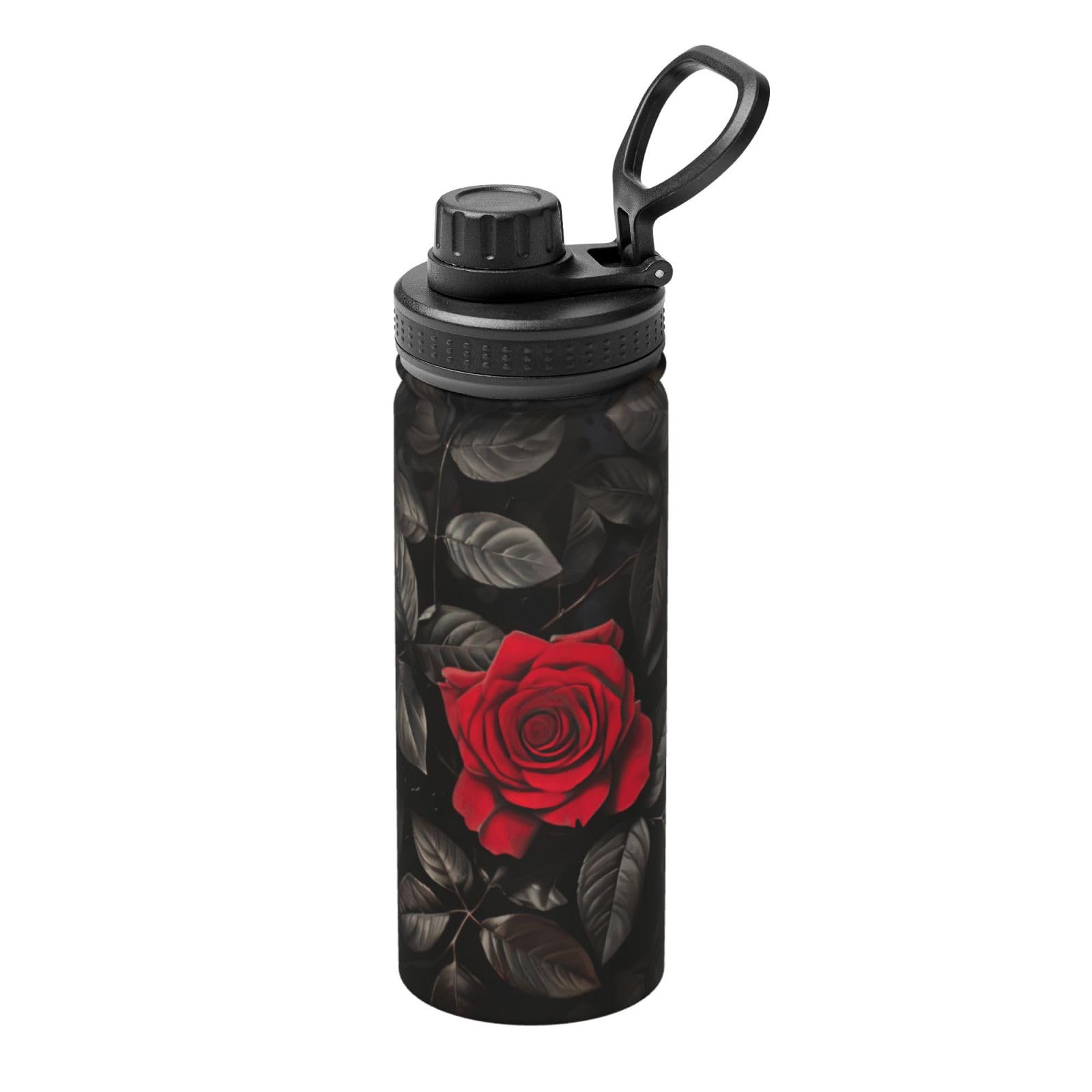 Kfjghhl Insulated Stainless Red Rose And Black Leaves Steel Water Bottle For Sport Gym Travel Leak Camping Hiking Hydration