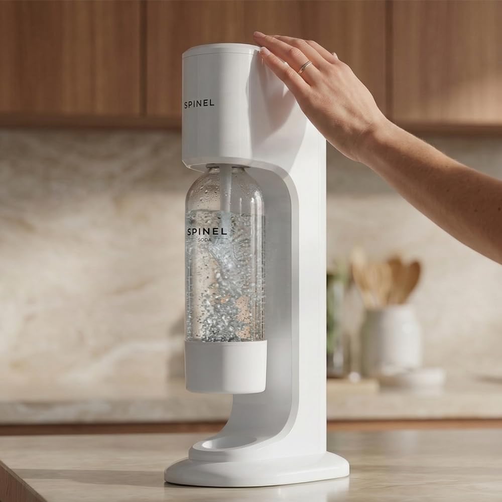 Spinel Soda BubbleOn gazéificateur d'eau gazeuse – Kit de démarrage avec cartouche de CO2, bouteille 1 l sans BPA – Blanc – Réglage du niveau de carbonatation jusqu'à 60 l