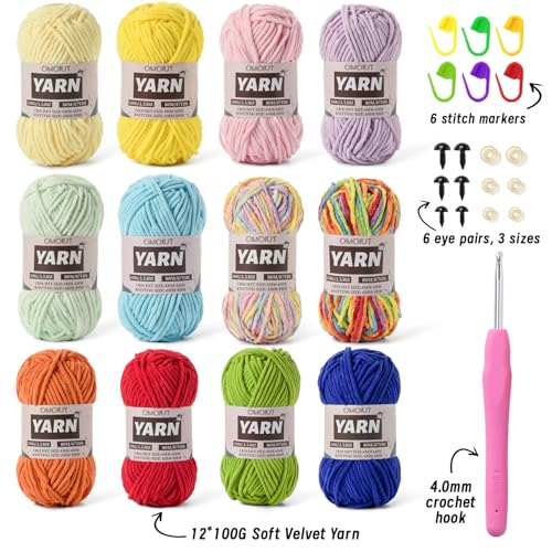 Image of 12 Pack Chunky Chenille Yarn for Crocheting, Bulky Velvet Yarn for Crochet, Baby Yarn for Crocheting Soft Blanket, 42.3 oz (1050 yds) Amigurumi Yarns for Craft Set C