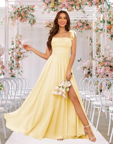 Square Neck Bridesmaid Dresses 2025 Ruched Chiffon Formal Evening Dress with Bow QA2233