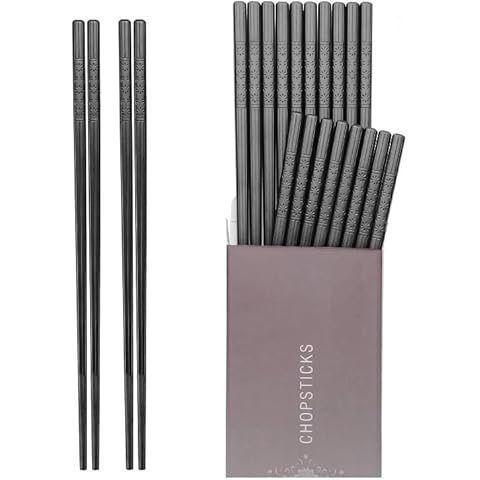 HIWARE 10 Pairs Fiberglass Chopsticks - Reusable Chopsticks Dishwasher Safe, 9 1/2 Inches - Black Cover