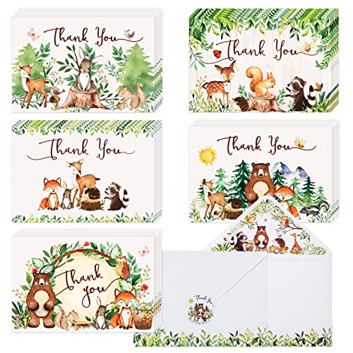 Hunanyume 50 Woodland Thank You Cards, Baby Showers Thank You Cards with Envelopes & Stickers, 4×6 in Assorted Bulk Cute Forest Animals Card for Baby...