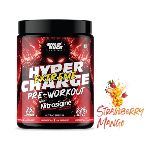 Image of Wild Buck Hyper Charge Extreme Pre-Workout with Nitrosigine - High Stim Energy, Pump, Strength & Focus | Energy Drink with- Beta-Alanine, L-Citrulline, Creatine, Caffeine, L-Theanine - Nitric Oxide Booster | Physical Performance for Gym or Sports [225g - 25 Servings, Strawberry Mango]