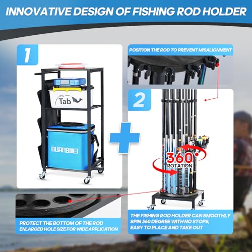 HapiRm Fishing Rod Holder Garage - 360 Degree Rotating Fishing Pole Holders for Garage, Fishing Rod Rack Cart, Fishing Gear and Equipment Organizer Storage Cabinet, Gift Ideas for Men Dad Lovers