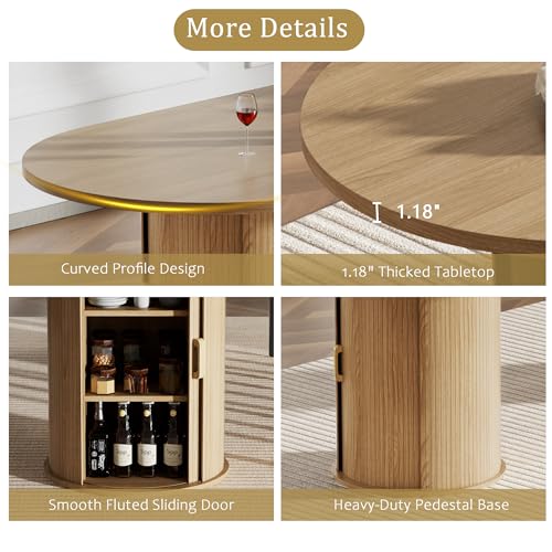 Image of 63 inch-94 inch Large Oval Extendable Dining Table for 6 8 10, Wooden Expandable Kitchen Table with Fluted Cylindrical Storage Base, Modern Farmhouse Expanding Table for Dinner Party Family Gathering, Natural