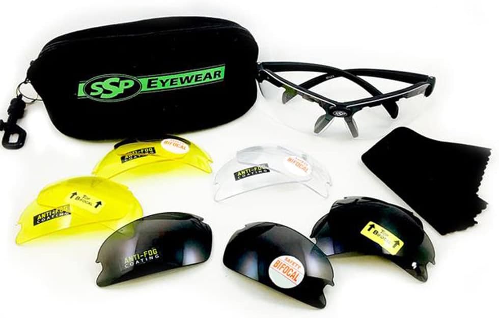 SSP EyewearTop Focal Premier Tactical Safety Glasses Kit, 6 HD A-Eye NVR/fog Upper Bifocal and Plain Lenses, 1.50 Magnifaction