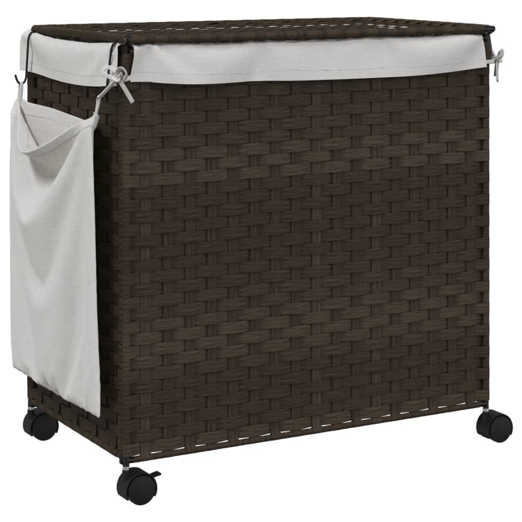 Wäschekorb mit Rollen und Deckel aus handgeflochtenem Rattan in Dunkelbraun 60x35x60,5 cm mit 3 Fächern, Tragegriffen, Innenbeutel und klappbarem Design für Waschküche und Badezimmer