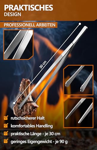 4smile Kochpinzette, 2 Stück Set - Kochpinzette Edelstahl, 30 cm lang, Pinzette Küche - Grillpinzette rund zum Kochen und Braten + Küchenpinzette spitz zum Dekorieren 4