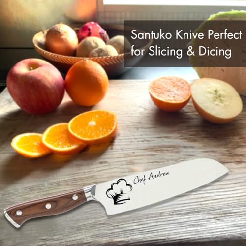 Image of Customizable Stainless Steel Steel Santoku Kitchen Knife with Laser Engraved Cooking Gifts for Him Her Housewarming Gifts Kitchen Knife Gift Set