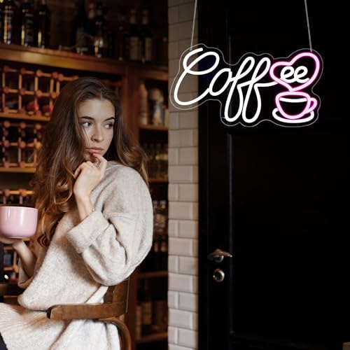 Image of Neon Sign, HSJNJKFU Coffee Neon Signs for Wall Decor White LED Light Sign for Cafe Room Shop Coffee Cup Bar Signs for Wall Decor Restaurant - USB Powered