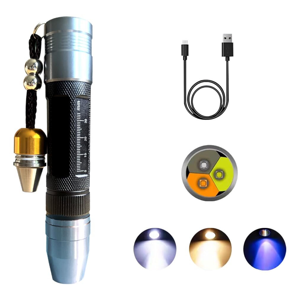 YZYOE LED Rechargeable Three Light Source Jade and Jewelry Appraisal Flashlight, 365NM Ultraviolet Gemstone Jade Beeswax Detector, White, Yellow, and