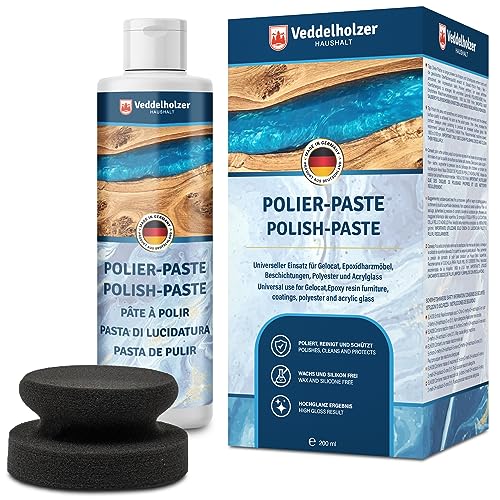 Veddelholzer 200 ml Profi Polierpaste + Polierschwamm für Epoxidharz Möbel Tisch, Acrylglas, Polyester, Gelocat sowie Glasfaser und Carbonfaserverstärkte Kunststoffe. Hochglanz Zubehör