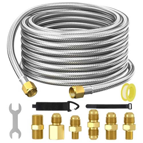 Upgraded 24 Feet High Pressure Propane Hose Extension, Braided Gas Line with Conversion Coupling 3/8" Flare to 1/2" Female NPT, 1/4" Male NPT, 3/8" Male Flare, for Heater, Dryer, Fire Pit, Grill