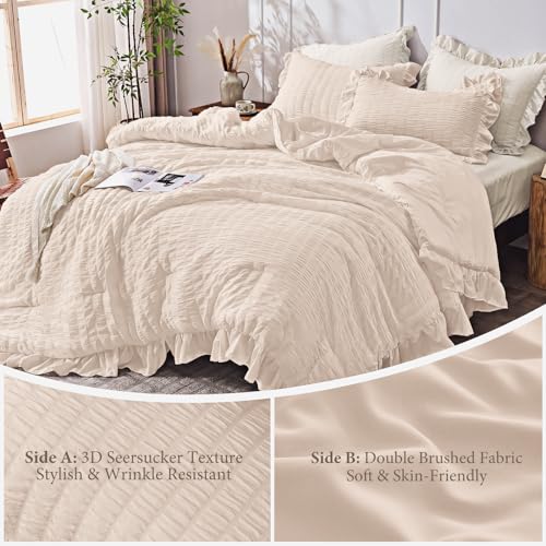 Image of JOLLYVOGUE Beige Comforter Full Size, 3 Pieces Seersucker Lightweight Full Size Bedding, All Season Fluffy Microfiber Bedding Comforter Set with 1 Ruffle Comforter and 2 Ruffle Pillowshams