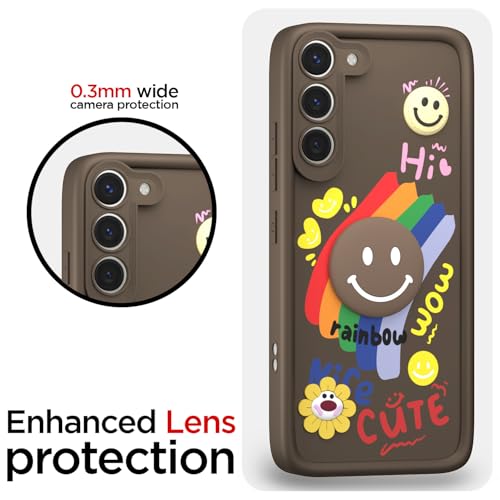 Image of Pikkme Back Cover for Samsung Galaxy S23 5G | Soft Silicone| Cute Rainbow Smile & 3D Cartoon Flower Design | Shockproof Raised Camera Protection Bumper Case (Brown)